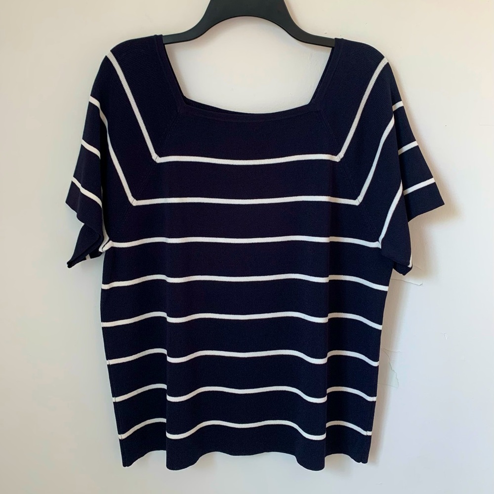 Dialogue Navy Stripe Euro Crepe Top 1X Square Neck NWT